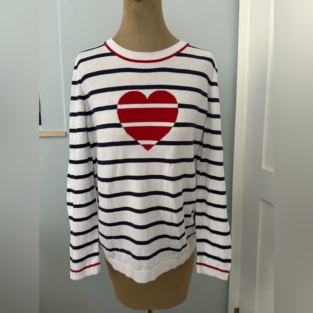 Talbots Sweater Hearts and Stripes In White and Navy Blue Striped Pattern